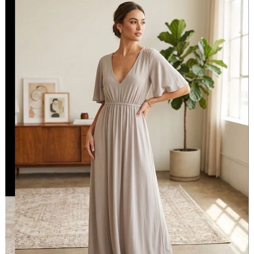 Show Me Your Mumu Maxi Dress Womens Sz S Emily Empire Beige Chiffon Gown Formal